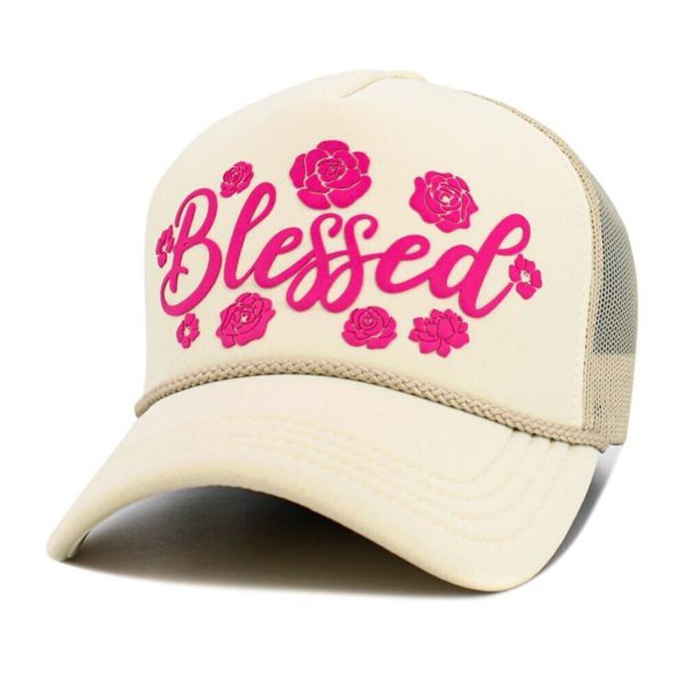 Womens Blessed Baseball Cap Hat in Cream and Hot Pink w/Flowers/Roses